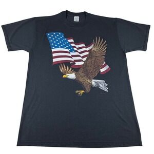 Vtg 90s Cotton Grove American Eagle T-Shirt Men Patriotic Flag Graphic Black Tee